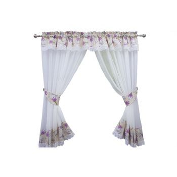 Perdea bucatarie, bumbac alb cu imprimeu floral (lavanda), cu dantela alba, rejansa 6 cm, 300x160 Perdea bucatarie, bumbac alb cu imprimeu floral (lavanda), cu dantela alba, rejansa 6 cm, 300x160