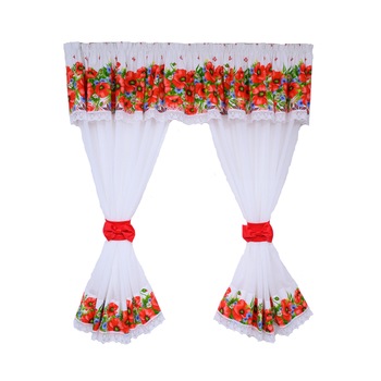 Perdea bucatarie, bumbac alb cu imprimeu floral (maci), cu dantela alba, rejansa 6 cm, 200x160 Perdea bucatarie, bumbac alb cu imprimeu floral (maci), cu dantela alba, rejansa 6 cm, 200x160