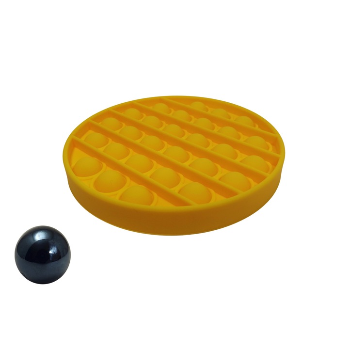 Anti-stresszoldó játék, Pop it, szilikon, 13 cm, sárga, márványlabda mellékelve