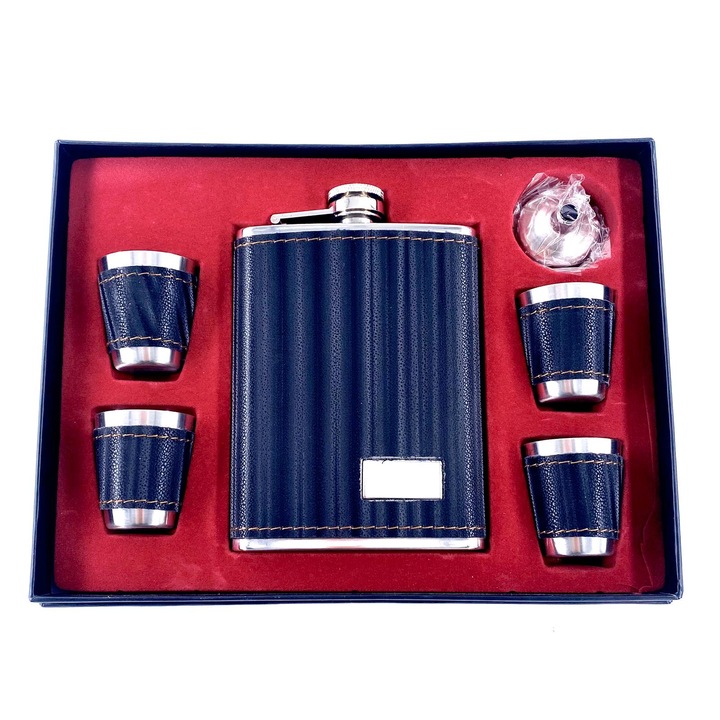 Set cadou Moongrass 6 piese, alcatuit din plosca, 4 pahare si palnie, negru holograf