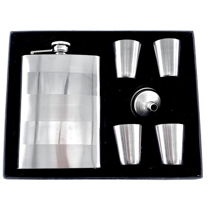 Set cadou Moongrass 6 piese, alcatuit din plosca, 4 pahare si palnie, argintiu