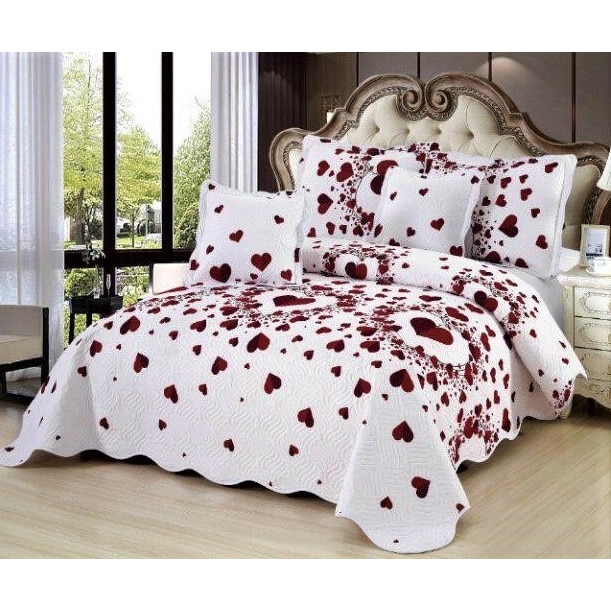 Cuvertura de pat dublu, Bumbac 100%, 5 piese, 230 x 250 cm, Alba cu inimi