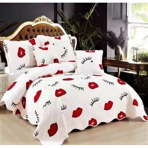 Cuvertura de pat dublu, Bumbac 100%, 5 piese, 230 x 250 cm, Alba cu gene si buze