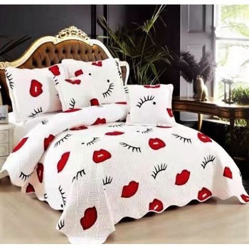 Cuvertura de pat dublu, Bumbac 100%, 5 piese, 230 x 250 cm, Alba cu gene si buze Cuvertura de pat dublu, Bumbac 100%, 5 piese, 230 x 250 cm, Alba cu gene si buze