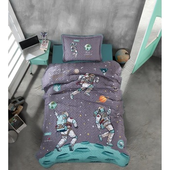 Set cuvertura matlasata 160 x 220 cm + 1 fata perna, bumbac 100% ranforce, 2 piese, Clasy Home, Space Set cuvertura matlasata 160 x 220 cm + 1 fata perna, bumbac 100% ranforce, 2 piese, Clasy Home, Space