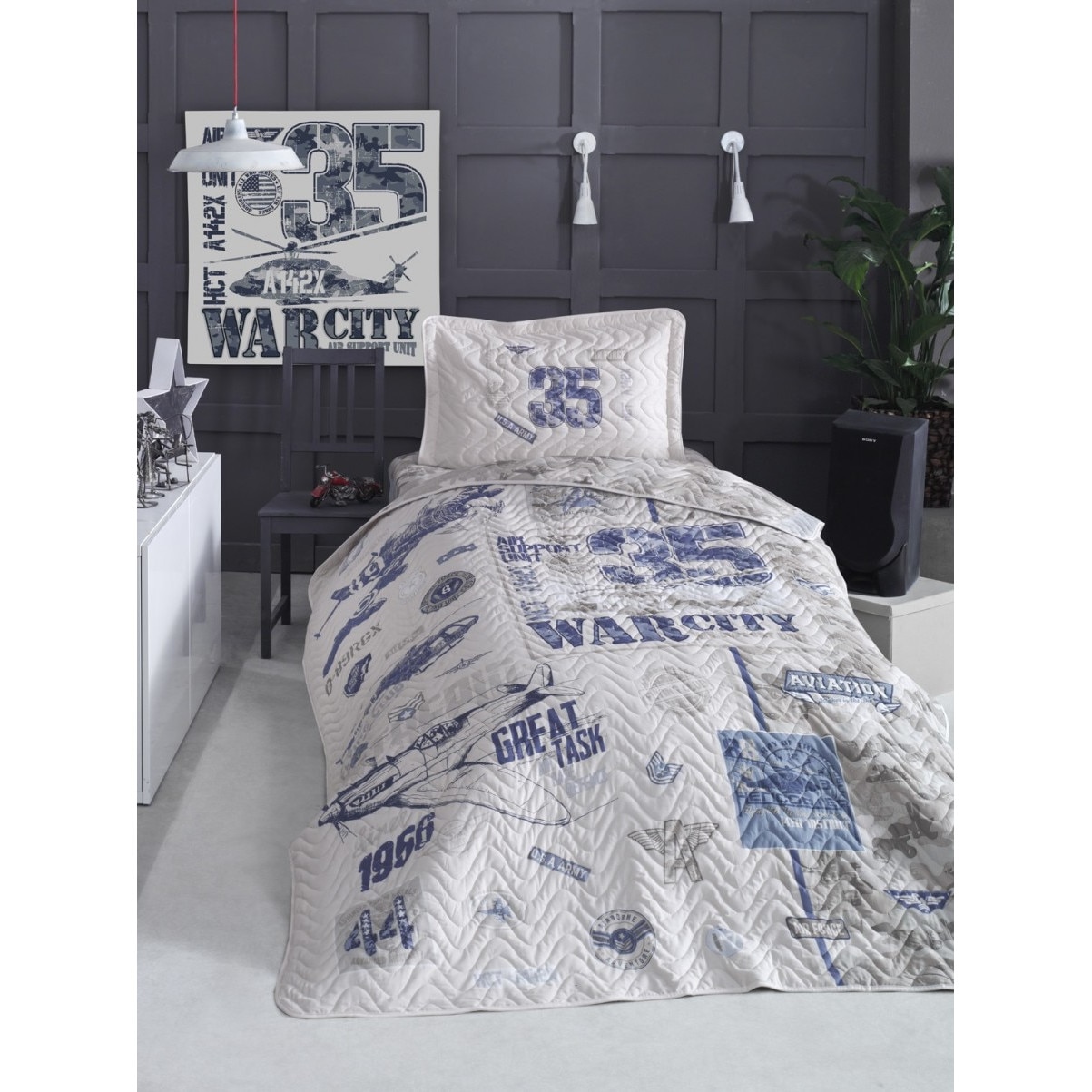 Set cuvertura matlasata 160 x 220 cm + 1 fata perna, bumbac 100%, 2 piese, Clasy Home, Troya