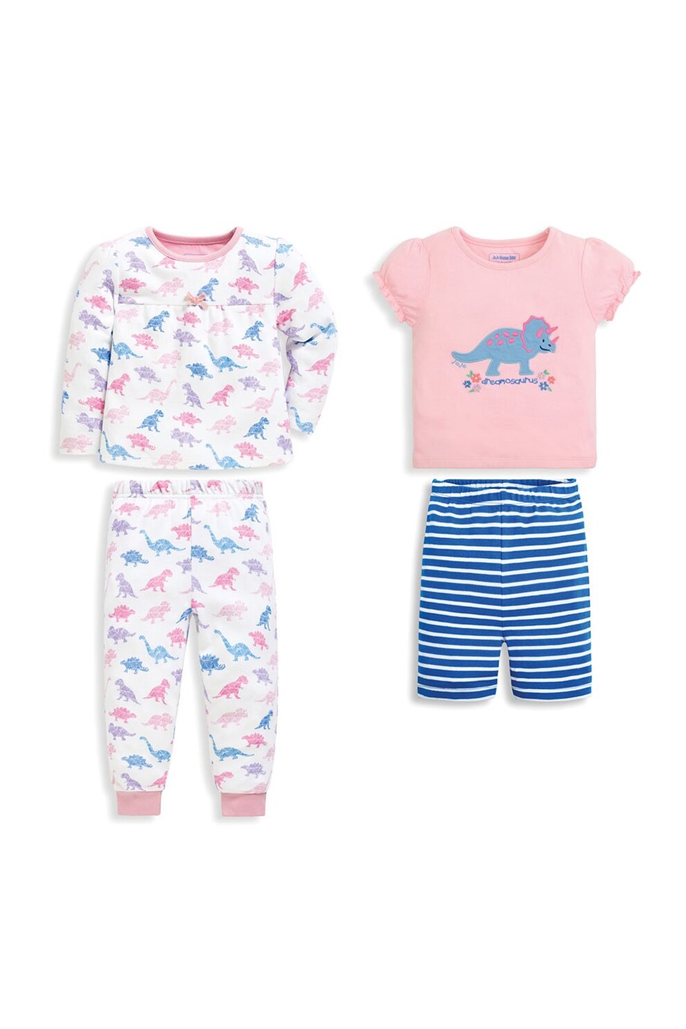 JoJo Maman Bebe, Set 2 perechi de pijamale, fete, cu imprimeu dinozauri, Alb/Albastru/Roz, Alb/Albastru/Roz