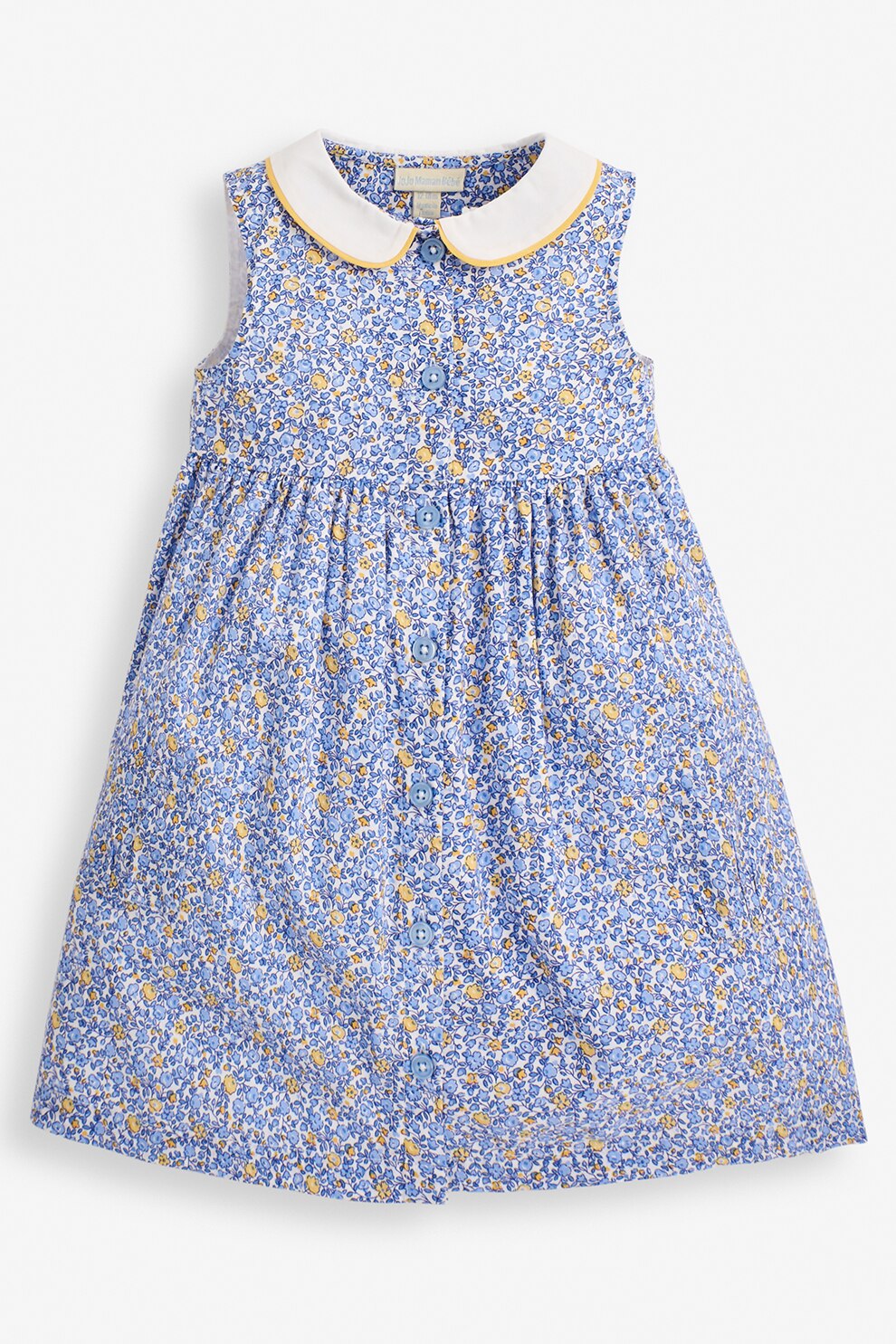 JoJo Maman Bebe, Rochie cu imprimeu floral si guler Peter-Pan, Albastru/Alb/Galben, 78 CM