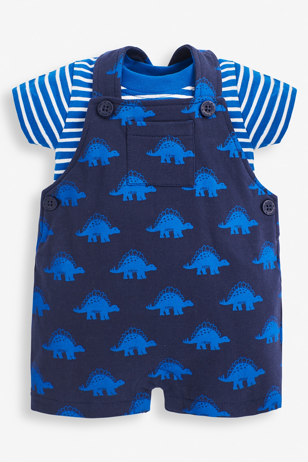 JoJo Maman Bebe, Set de tricou si salopeta scurta - 2 piese, baieti, cu imprimeu dinozauri, Albastru/Alb, Albastru/Alb