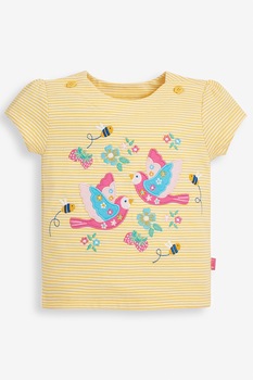 JoJo Maman Bebe, Tricou cu model in dungi si broderii, Galben, 110 CM JoJo Maman Bebe, Tricou cu model in dungi si broderii, Galben, 110 CM
