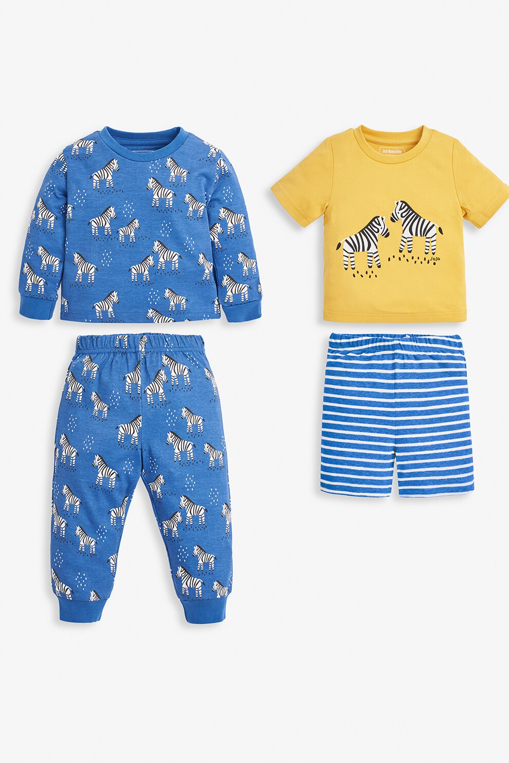 JoJo Maman Bebe, Set de pijamale cu imprimeu zebre - 4 piese, Albastru/Galben/Alb, Albastru/Galben/Alb, 86 CM