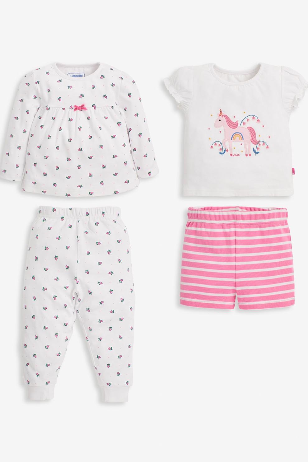 JoJo Maman Bebe, Set de pijamale cu imprimeu floricele - 4 piese, Alb/Roz, Alb/Roz