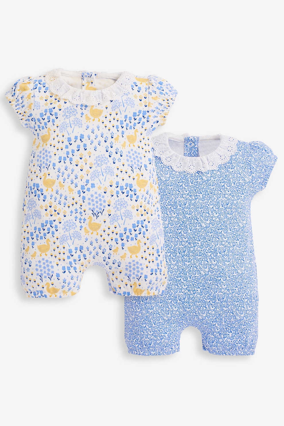 JoJo Maman Bebe, Set de salopete cu botosei si imprimeu floral - 2 piese, Albastru/Alb/Galben, Albastru/Alb/Galben