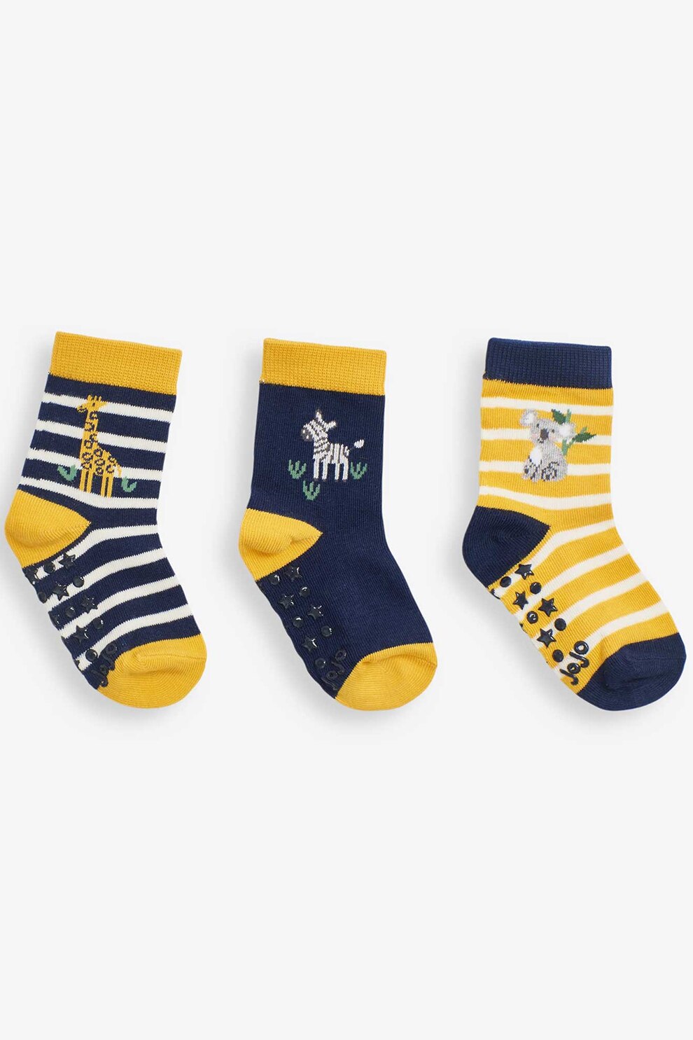 JoJo Maman Bebe, Set 3 perechi de sosete, baieti, cu animalute si dungi, Bleumarin/Galben/Alb, Bleumarin/Galben/Alb, 56-74 CM