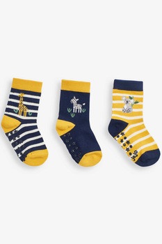 JoJo Maman Bebe, Set 3 perechi de sosete, baieti, cu animalute si dungi, Bleumarin/Galben/Alb, Bleumarin/Galben/Alb, 56-74 CM JoJo Maman Bebe, Set 3 perechi de sosete, baieti, cu animalute si dungi, Bleumarin/Galben/Alb, Bleumarin/Galben/Alb, 56-74 CM
