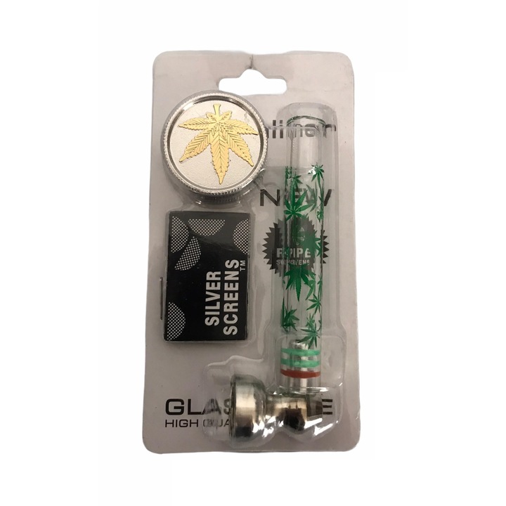 Set Angel Pipa metalica, Grinder metalic si 5 bucati site metalice pentru pipa Green leaf