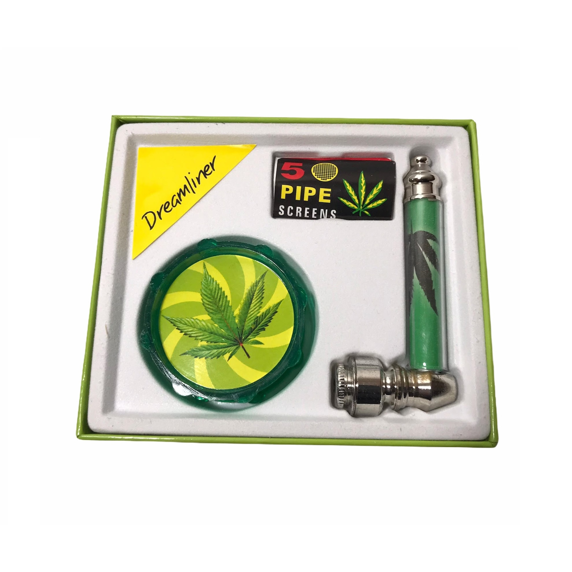 Set Angel Pipa metalica, Grinder plastic si 5 bucati site metalice pentru pipa green