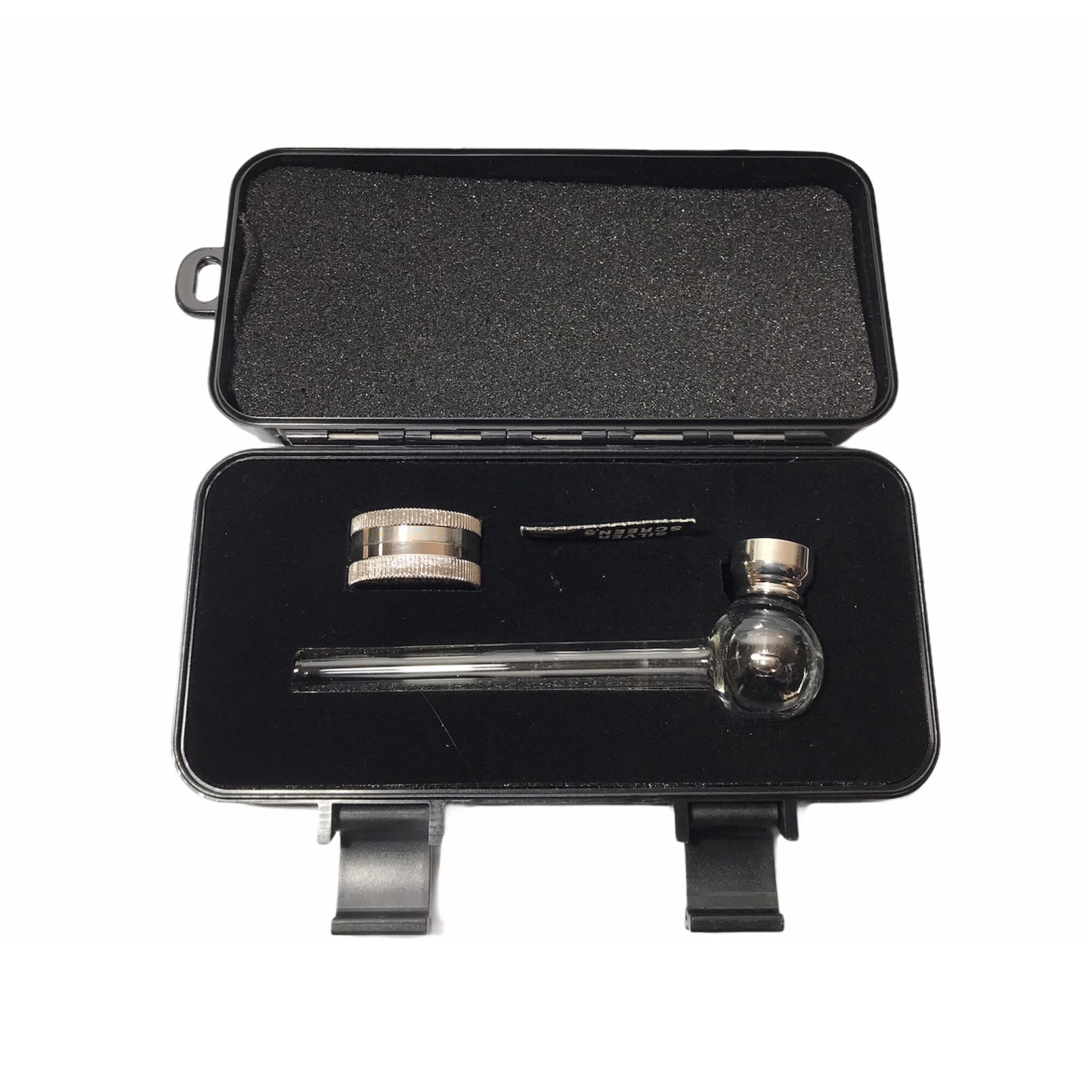 Set Angel Pipa din sticla, grinder metalic si 5 bucati site metalice pentru pipa + Cutie pentru calatorie