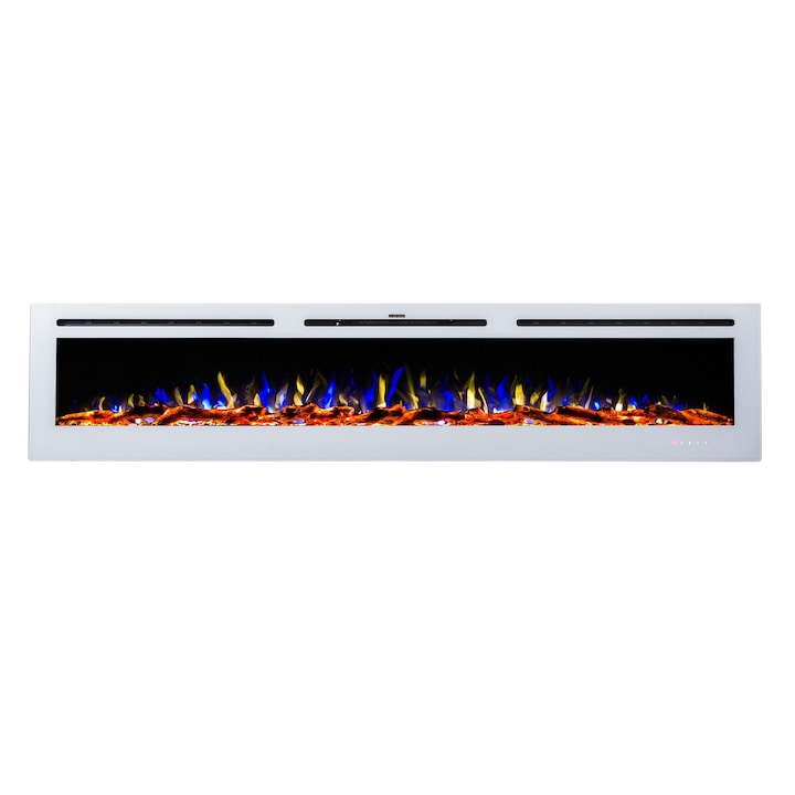 Semineu electric, Masomi, Adeli White-100' 1600 W, Alb, 254*54*14 cm, Iluminare LED, Telecomanda, 3 culori ale flacarii, Luminozitate reglabila