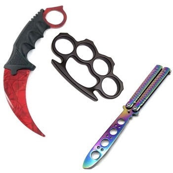 Set format din cutit Karambit crimson web, cutit butterfly fade de antrenament si box negru Set format din cutit Karambit crimson web, cutit butterfly fade de antrenament si box negru