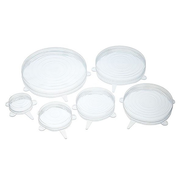 Set 6 capace din silicon pentru vase fara capac , extensibile, reutilizabile, alb transparent