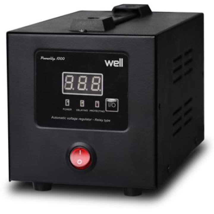 Stabilizator automat de tensiune cu releu, Well PowerUp, 1000VA/600W, Monofazic, Tip conector: 1xSchuko, Protectie: supraincalzire, scurtcircuit
