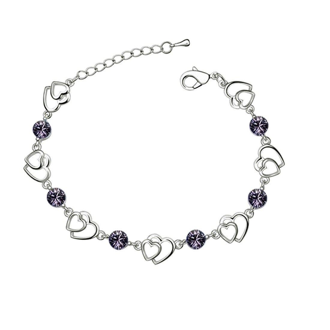 Bratara ZZV argintie cu cristal australian mov si inimioare suprapuse