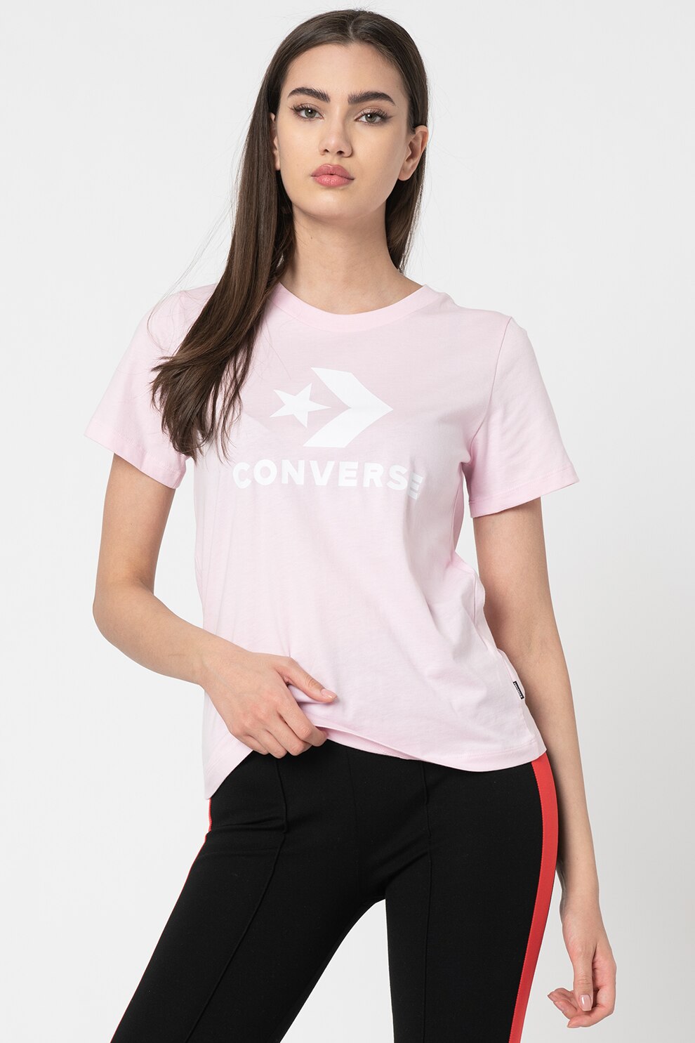 Converse, Tricou cu decolteu la baza gatului si imprimeu logo, Roz pastel, S