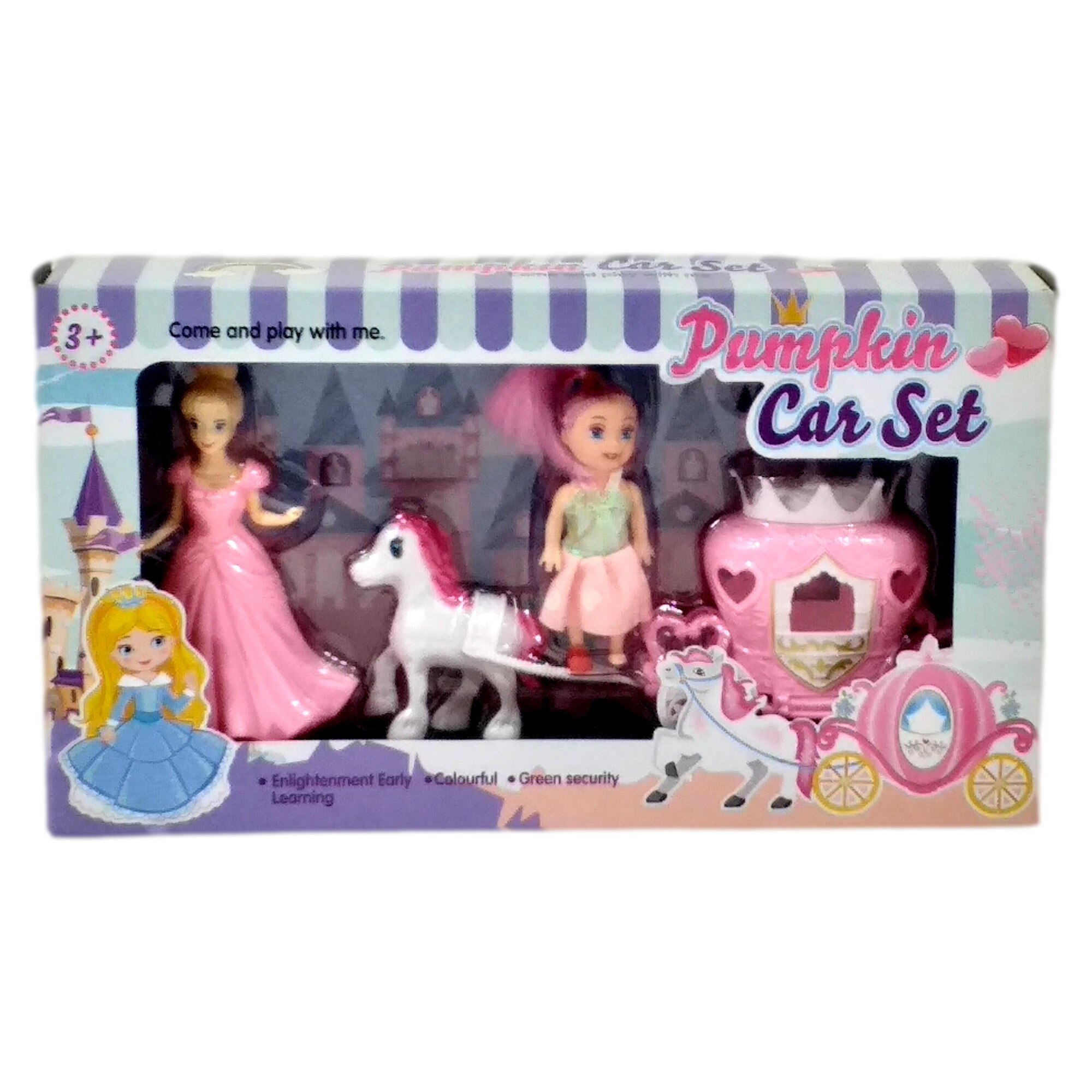 Set figurine,2 Papusi prtintese, 1 cal, 1 trasura , milticolor