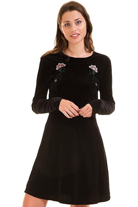 Дамска рокля VILA CLOTHES AZ2198-184538692, модел Vivelva, Кадифена, Флорален дизайн, Дълги ръкави, Черен, XS