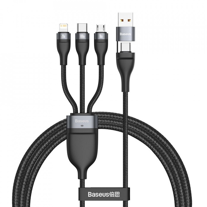 Кабел Baseus 3in1 USB / USB Type C - USB Type C / Lightning / micro USB (5 A - 100 W / 20 W / 18 W) 1,2 м Power Delivery Quick Charge черен (CA2T3-G1)