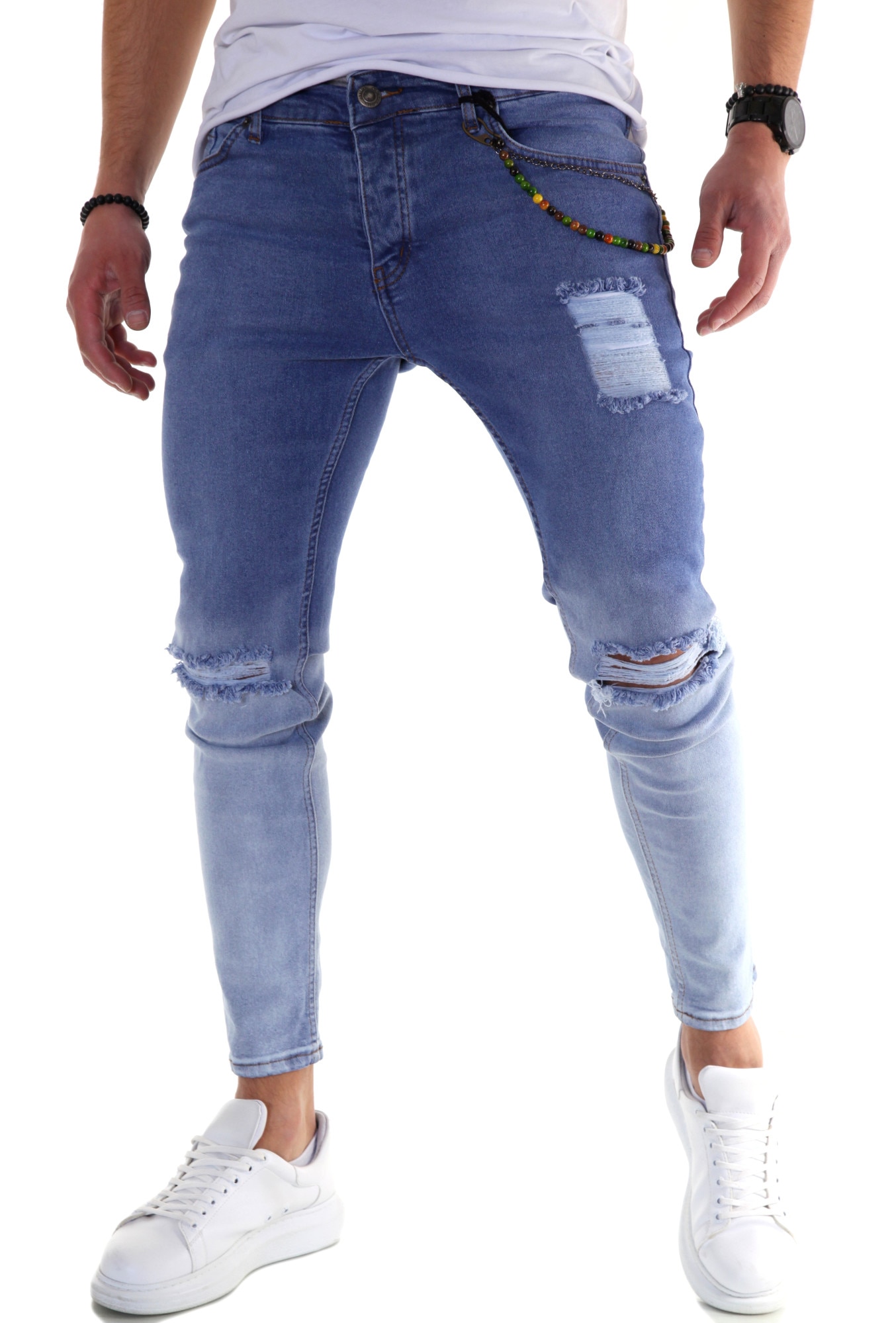 Blugi pentru barbati, slim fit, prespalati, 1002, albastri, Albastru