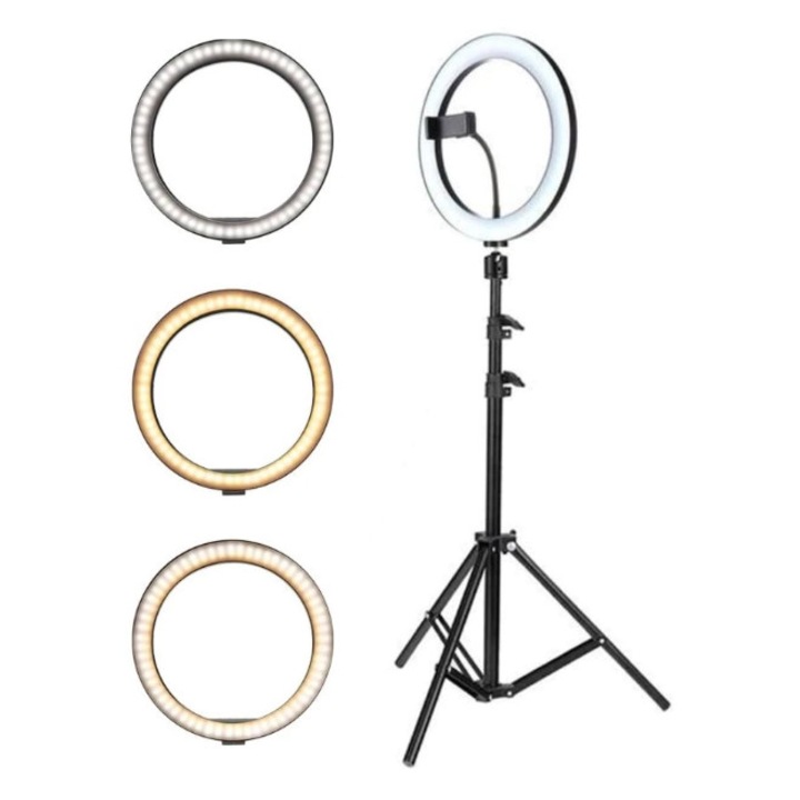 Lampa circulara diametru 20cm / 8inch, lumina naturala / rece / calda, conectare USB, reglaj intensitate, suport telefon, trepied 210 cm inclus, Alb