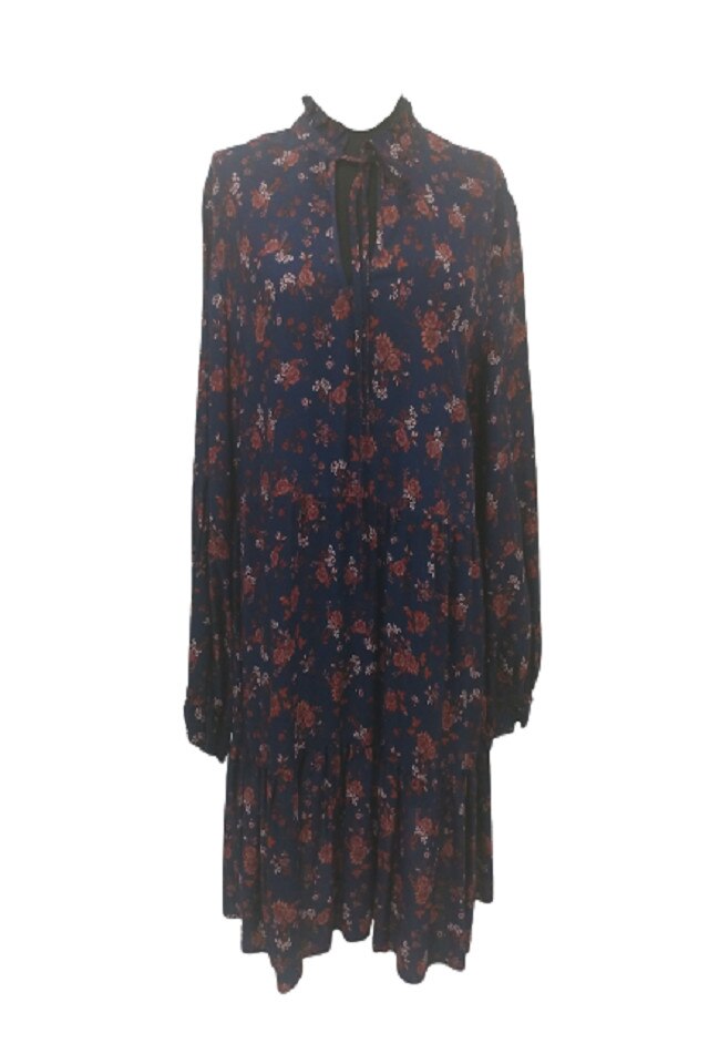 Rochie de zi, George, motive florale, culoare bleumarin, maneca lunga, marime 40