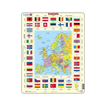 Puzzle maxi Harta Europei si steagurile tarilor din Europa, orientare tip portret, 70 de piese, Larsen, romana Puzzle maxi Harta Europei si steagurile tarilor din Europa, orientare tip portret, 70 de piese, Larsen, romana