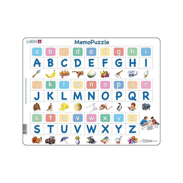 Puzzle maxi Memo Alfabetul 26 de litere mari si mici, orientare tip vedere, 52 de piese, Larsen