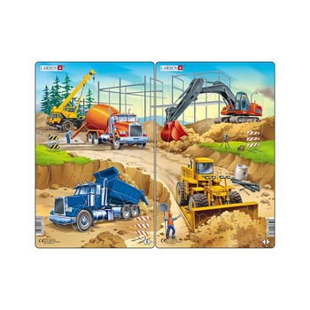 Set 2 Puzzle midi Constructii II, camion, macara, betoniera si excavator, buldozer, orientare tip portret, 20 piese, Larsen Set 2 Puzzle midi Constructii II, camion, macara, betoniera si excavator, buldozer, orientare tip portret, 20 piese, Larsen