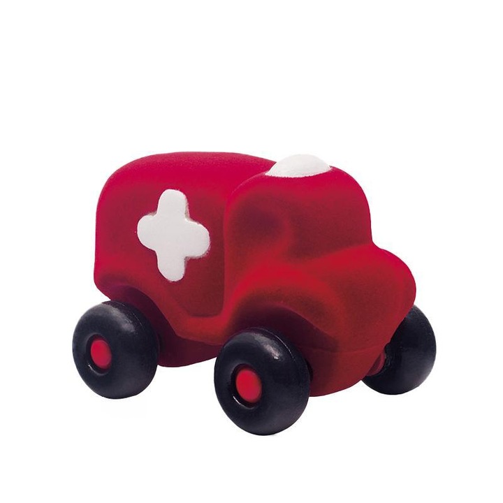 Jucarie cauciuc natural Ambulanta, 11 cm, rosie, Rubbabu