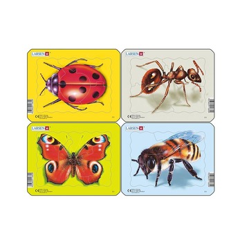 Set 4 Puzzle mini Insecte cu Albina, Buburuza, Fluture, Furnica, orientare tip vedere, 5 piese, Larsen Set 4 Puzzle mini Insecte cu Albina, Buburuza, Fluture, Furnica, orientare tip vedere, 5 piese, Larsen