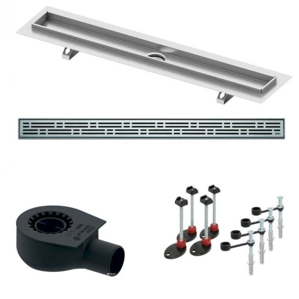 Set 4 Piese Rigola Dus Tece Drainbase 700 mm, Canal de Dus 70 cm, Grila de Dus din Inox, Cleme de Prindere, Banda de Etansare, Garnituri