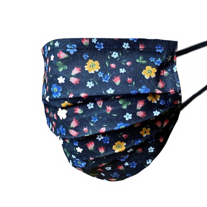 Masca protectie reutilizabila pentru copii, bumbac, neagra, asigura o buna respiratie, model floral