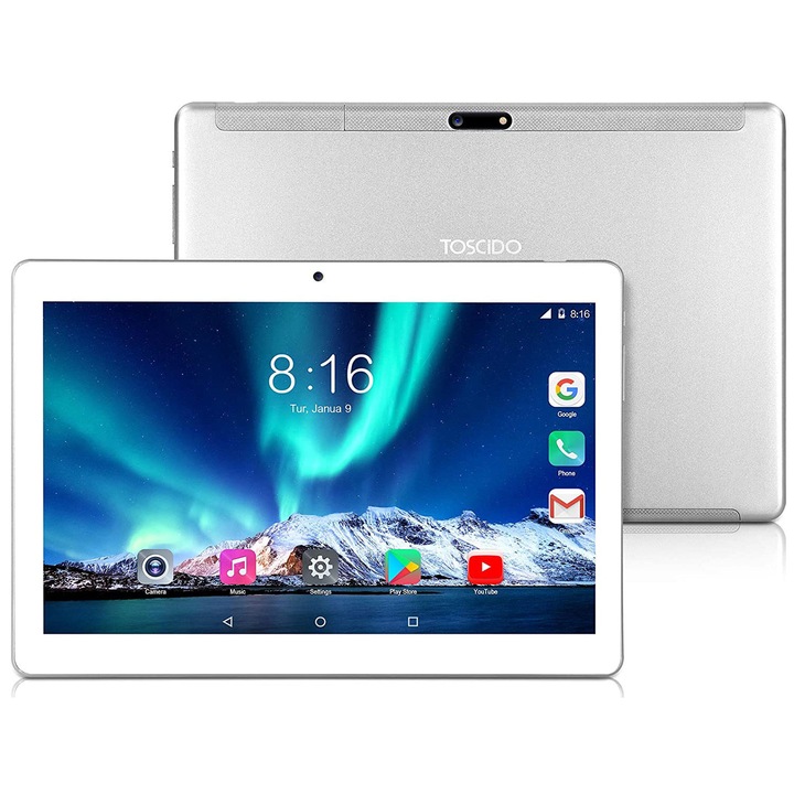 Tableta TOSCIDO M863, Octa-core. 10", 4 GB RAM, 64 GB, Android 10.0, 4G, Wi-Fi, Argintiu