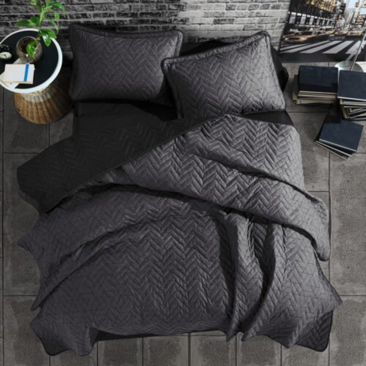 Set cuvertura matlasata 240 x 260 cm+ 2 fete perna bumbac 100%, 3 piese, Clasy, Monza V1 - Antracit