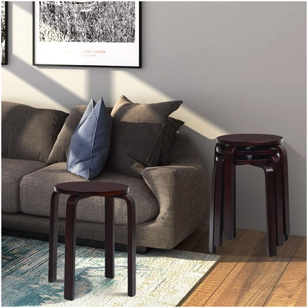 Set 4 scaune tip taburet Kring Twist, lemn curbat, diametru 32 cm, stivuibile, Maro