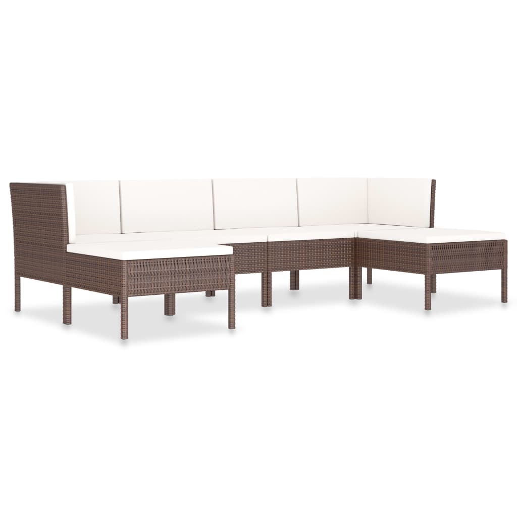 Set mobilier de gradina din 6 piese cu perne albe, vidaXL, Poliratan, 57 x 69 x 67 cm, Maro