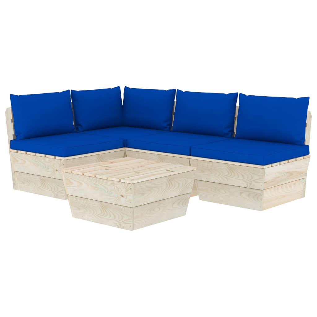 Set mobilier de gradina din paleti cu 5 piese cu perne albastre, vidaXL, Lemn, 60 x 60 x 65 cm, Albastru