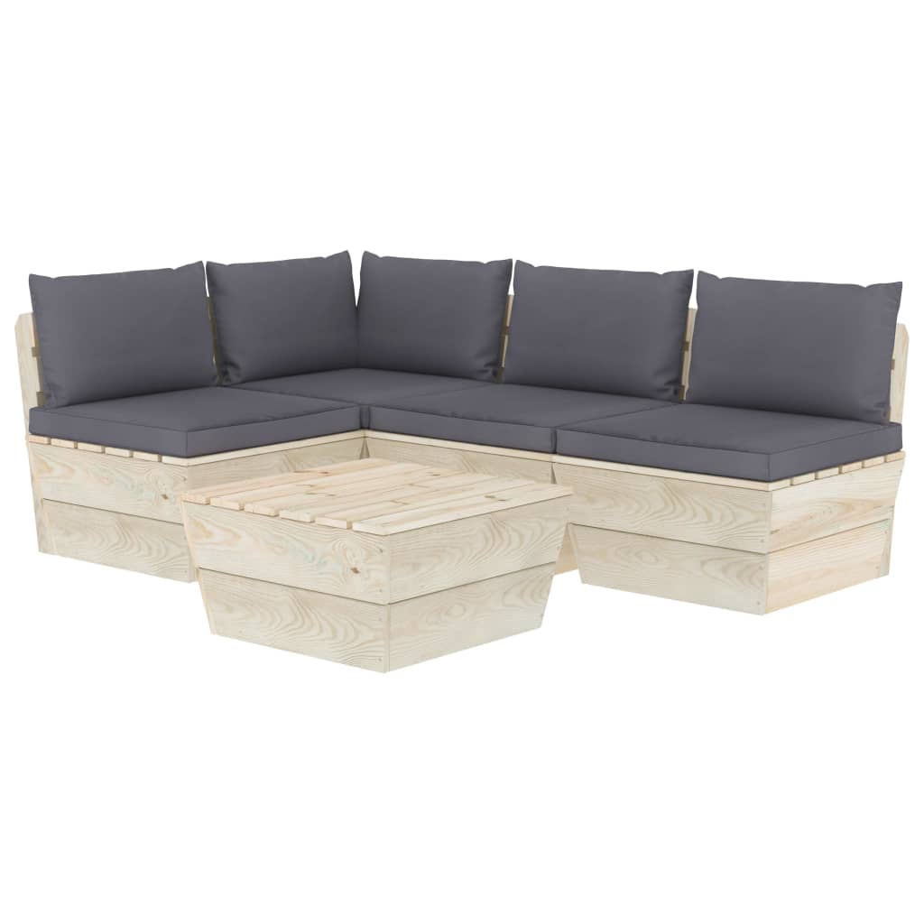 Set mobilier de gradina din paleti cu 5 piese cu perne antracit, vidaXL, Lemn, 60 x 60 x 65 cm, Antracit