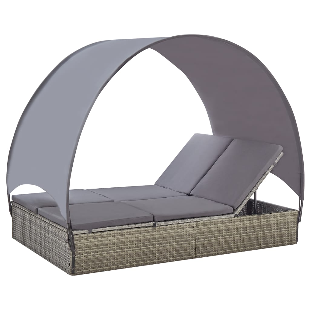 Pat de gradina cu copertina pentru 2 persoane cu perne gri, vidaXL, Poliratan, 94 x 120.5 x 156 cm, Gri