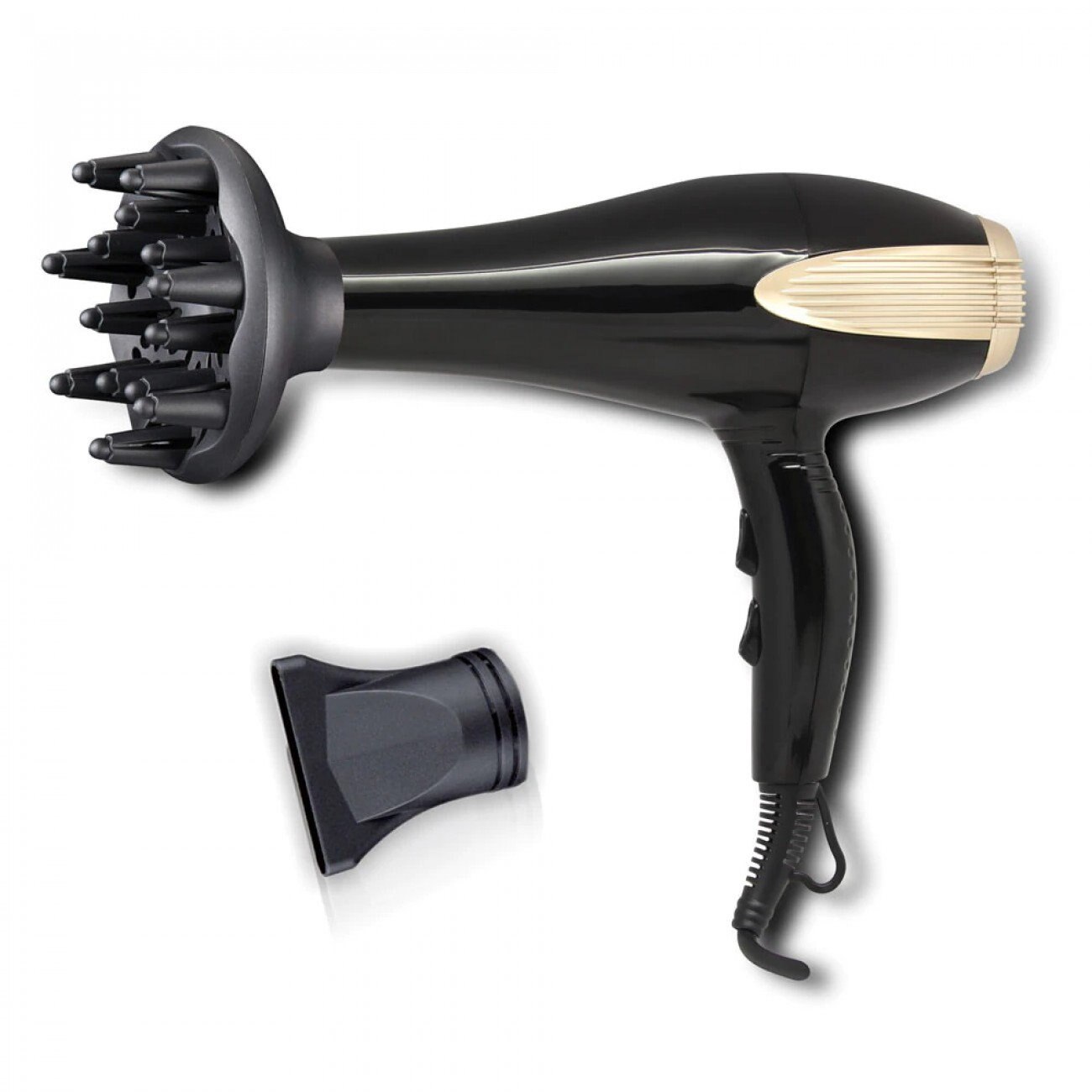 Uscator de par Rosberg R51100AD, 2200W, Concentrator si difuzor,3 grade de temperatura, 2 viteze , Negru/De aur