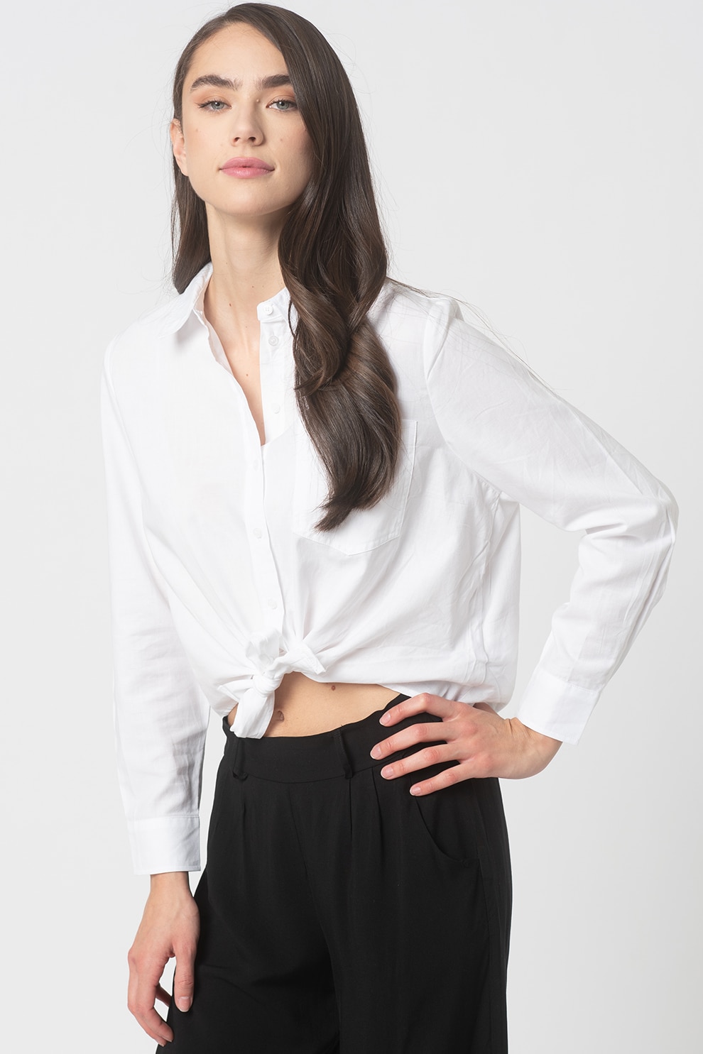 Haily's, Camasa crop cu cordon in talie Linn, Alb optic